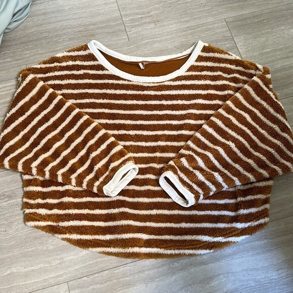 Free People Breton Striped Pullover Sherpa Fall Sweater Tan Camel White Small - Picture 3 of 11